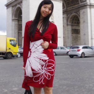 Desigual red knee-length V-neck long-sleeve dress